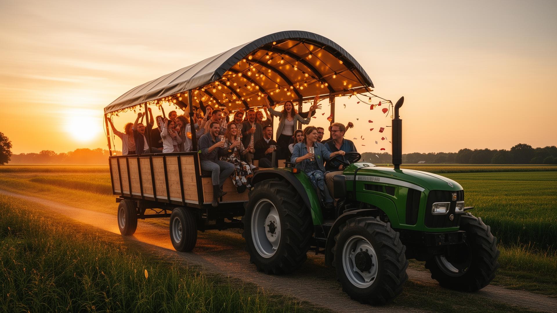 Huifkar getrokken door tractor met lichtjes en feestend gezelschap in Brabants landschap